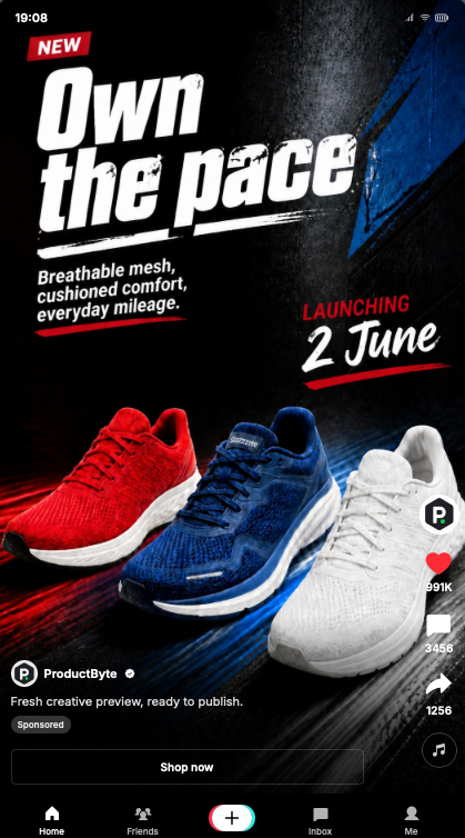 Sneaker drop portrait creative with social platform overlay zones
